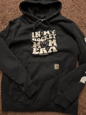 Carhartt Black Hoodie with Cream 'In My Hockey Mom Era' Graphic